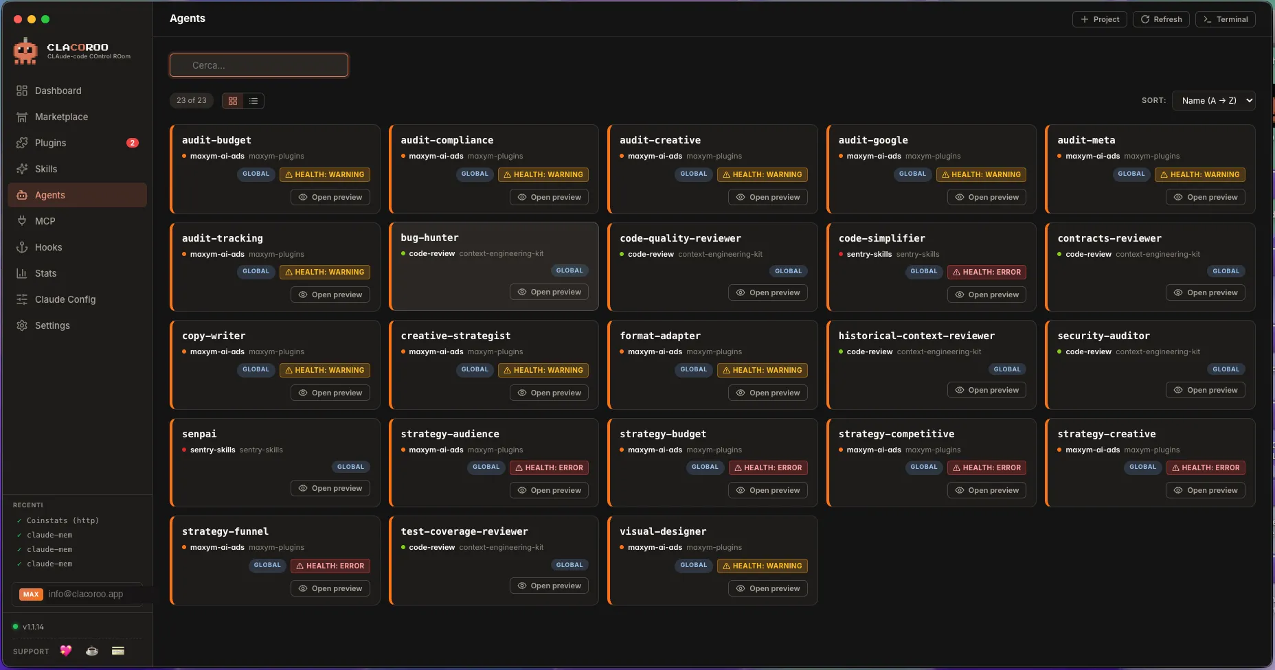 The Agents section, a grid of agent cards grouped by plugin, each with description and launch command.