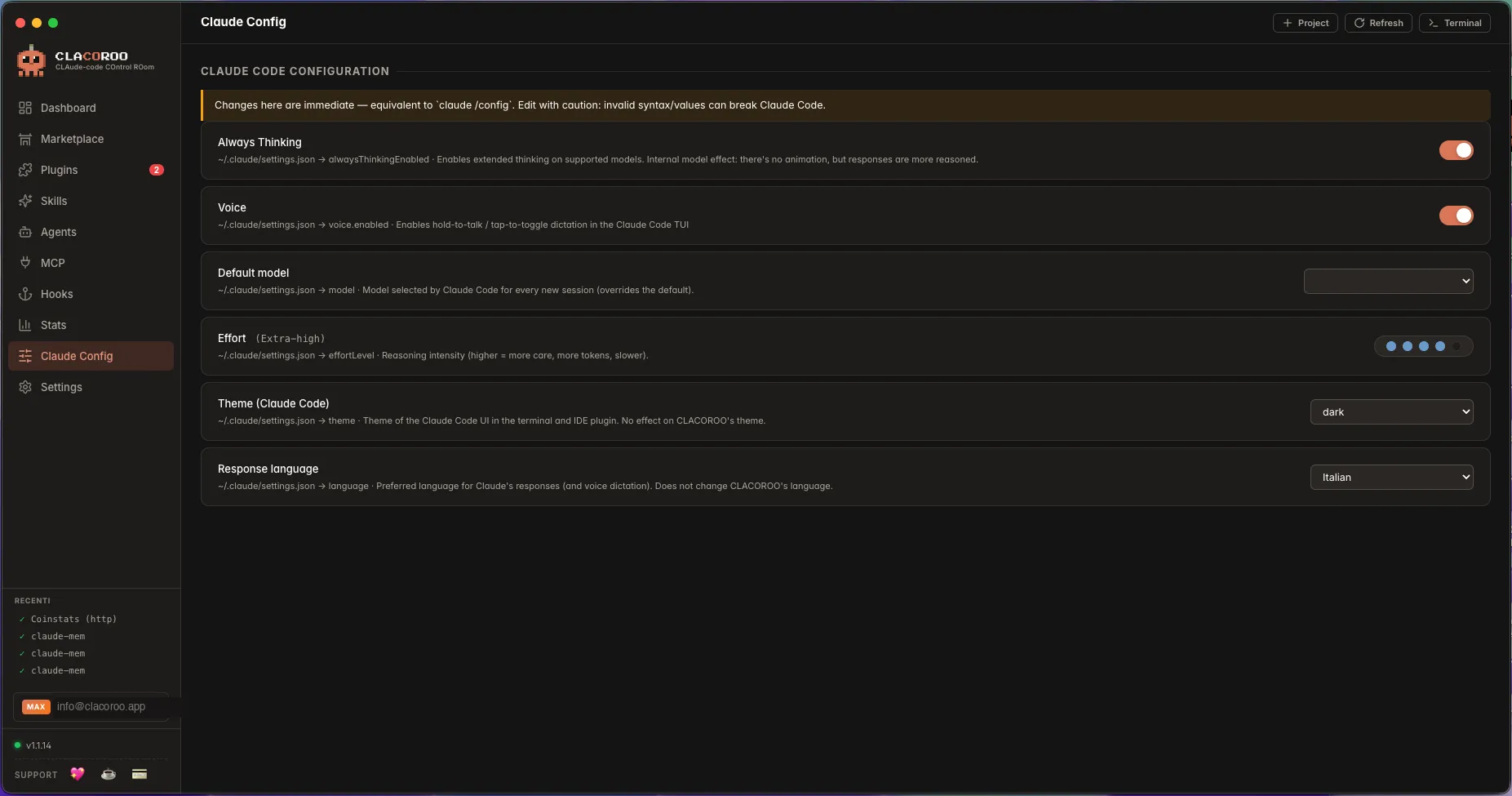 The Claude Config section, with rows for model, theme, language and other settings, each with its current value and a control to change it.