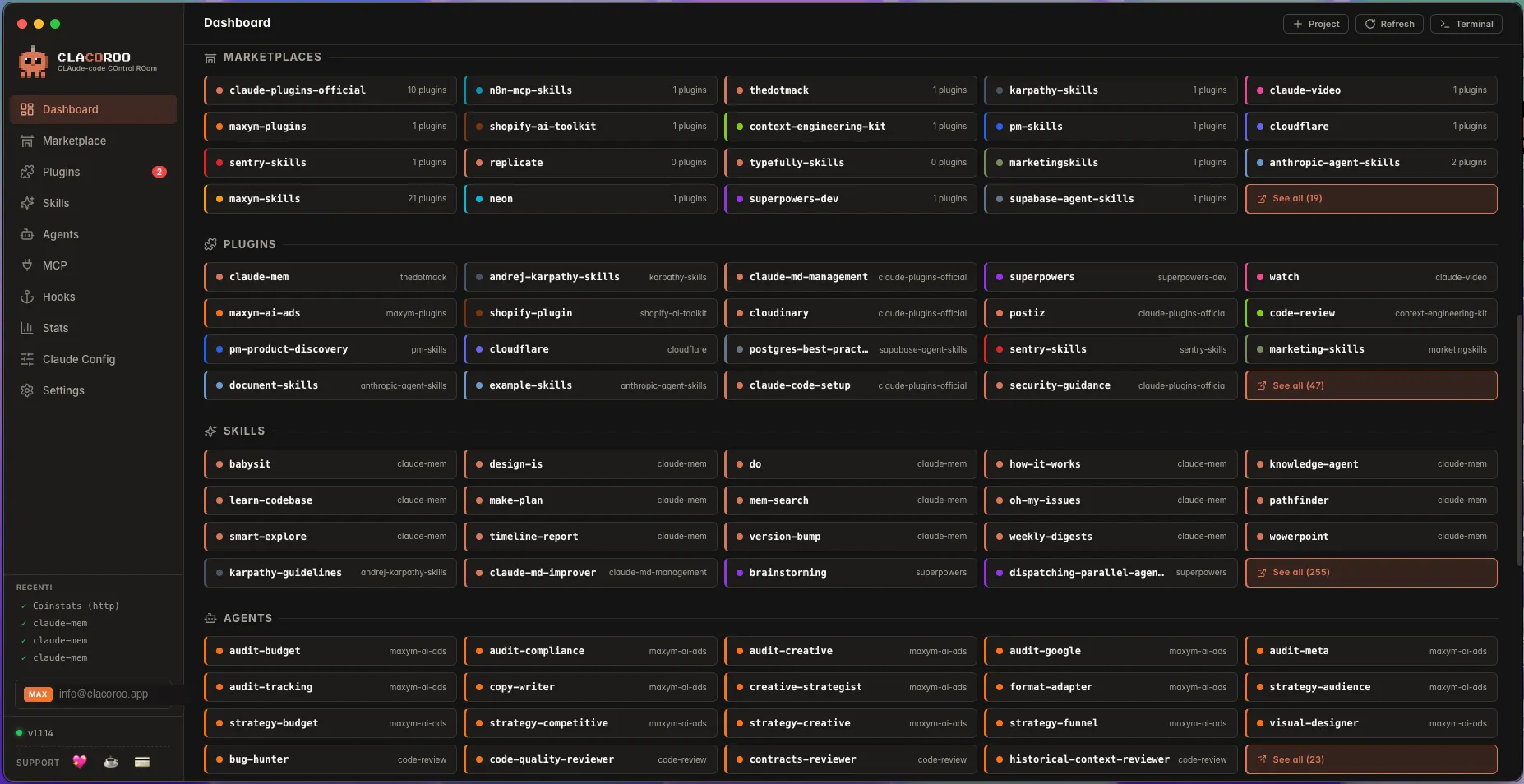 A row of KPI cards showing Active plugins, Disabled, Local plugins, Marketplaces, Total skills, Total agents, MCP connected, Hooks, Always-on tokens, and Health issues.