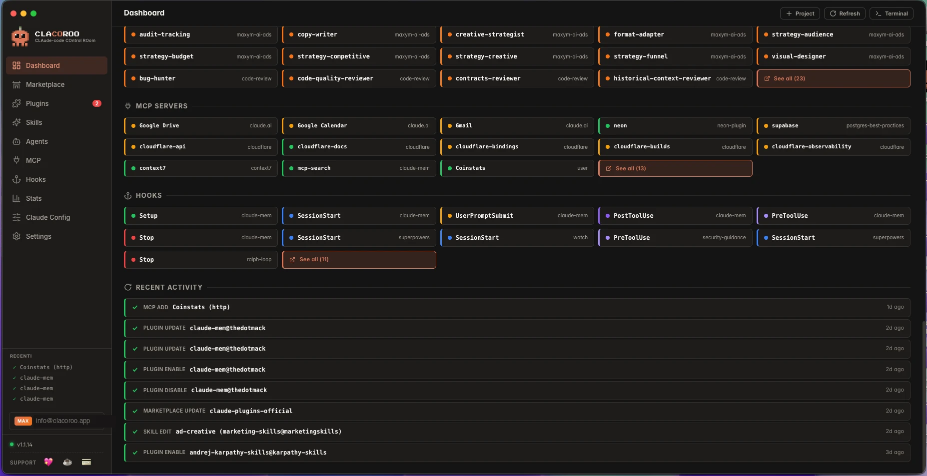 Dashboard showing MCP servers, hooks and recent activity