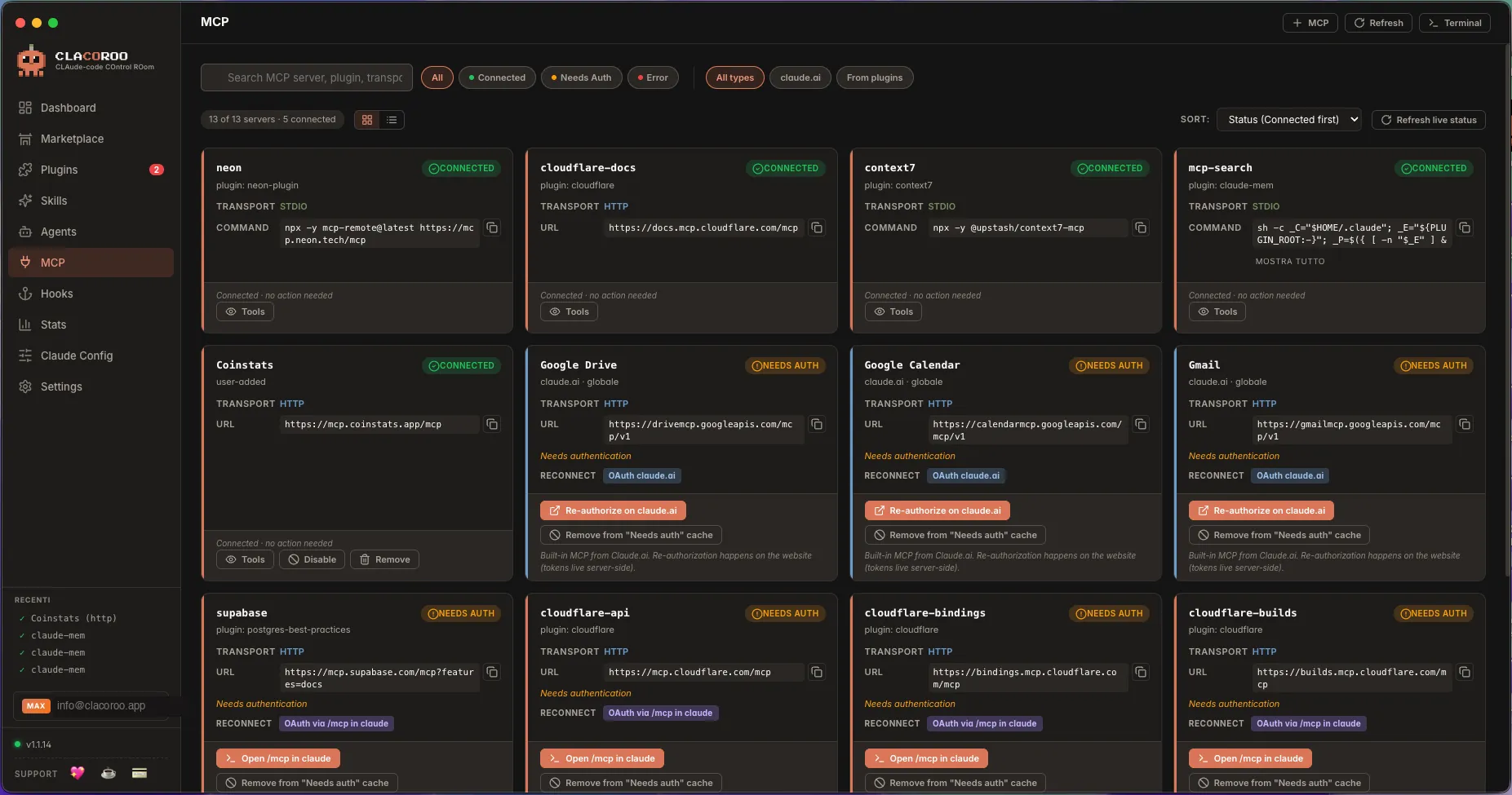 The MCP servers section, with cards showing server name, transport (http/sse/stdio), status (Connected/Needs Auth/Error/Warning) and action buttons.