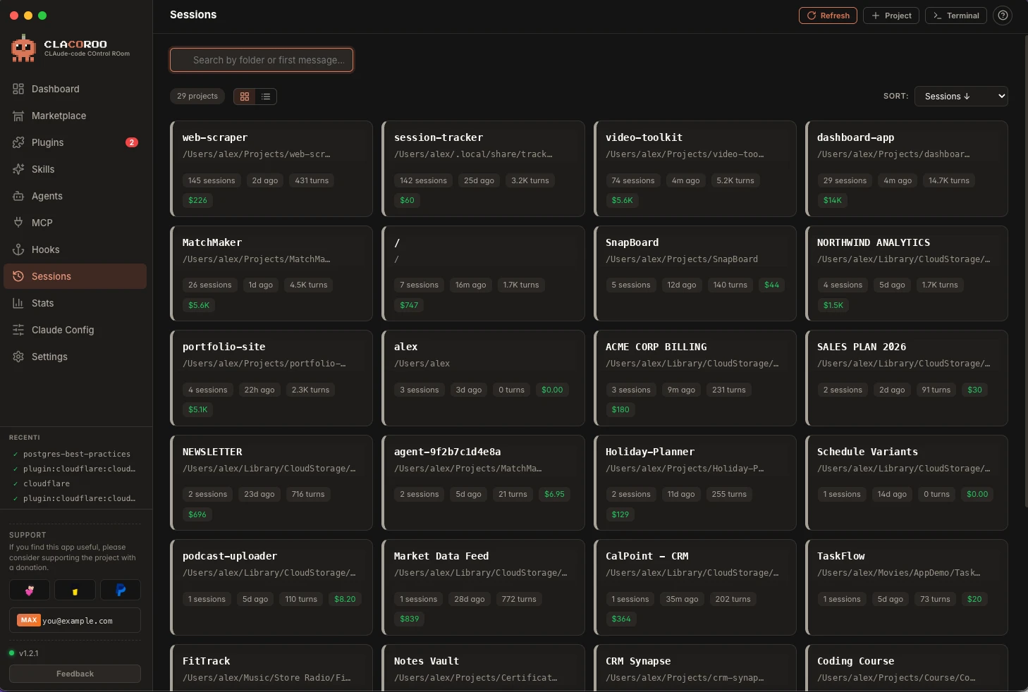 Sessions view with one card per project