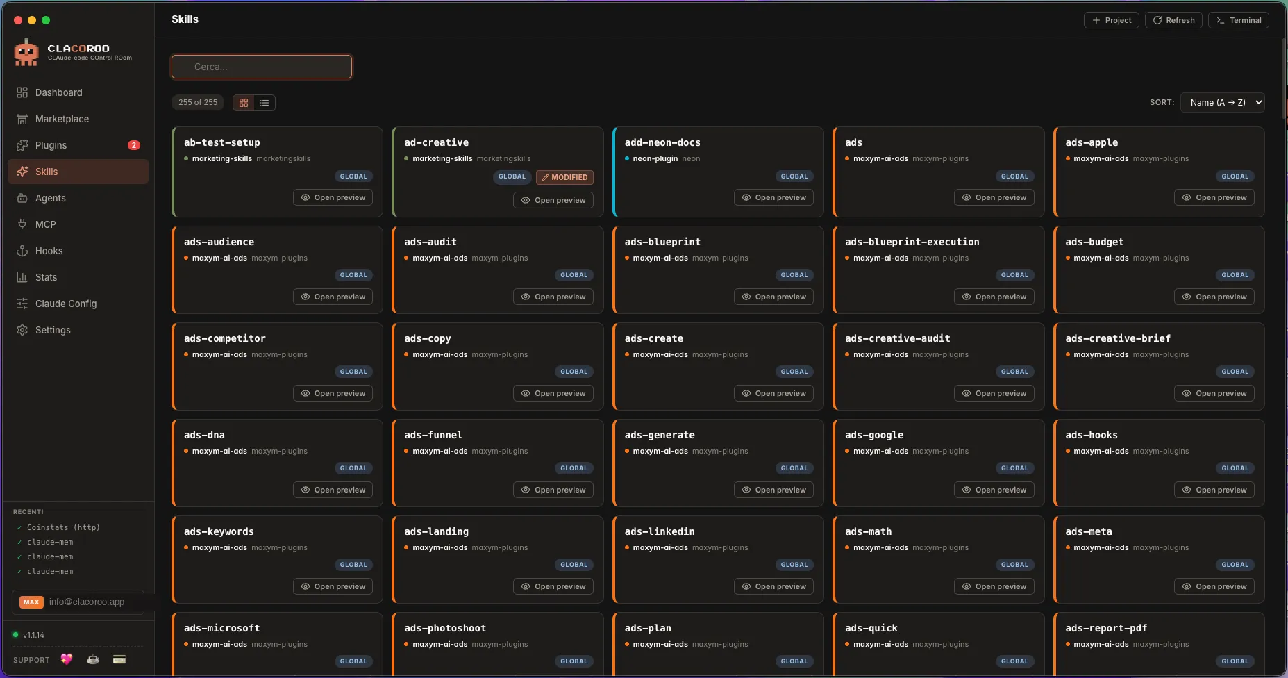 The Skills section, a grid of skill cards grouped by plugin.