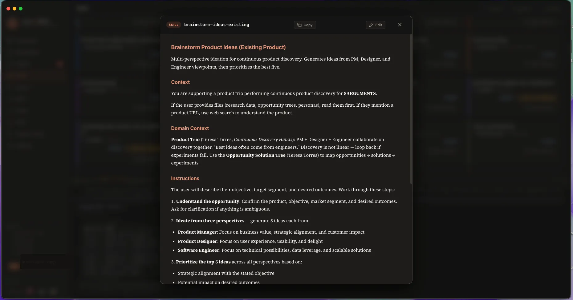 A single skill card with name, plugin badge, description, status dot and Open / Copy buttons.