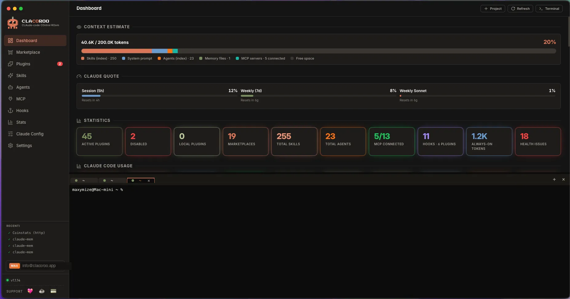 The CLACOROO terminal drawer at the bottom of the window, showing an active shell session with prompt and command history.